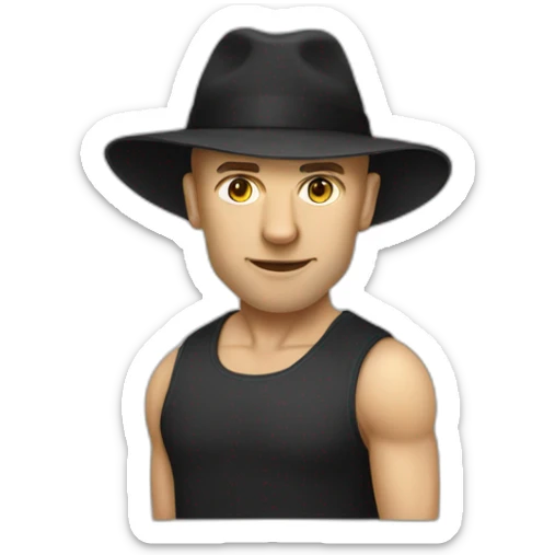 A white man with the beginnings of baldness posing as if he were muscular. A black Carhatt t-shirt. A basketball. He is a web developer. sticker