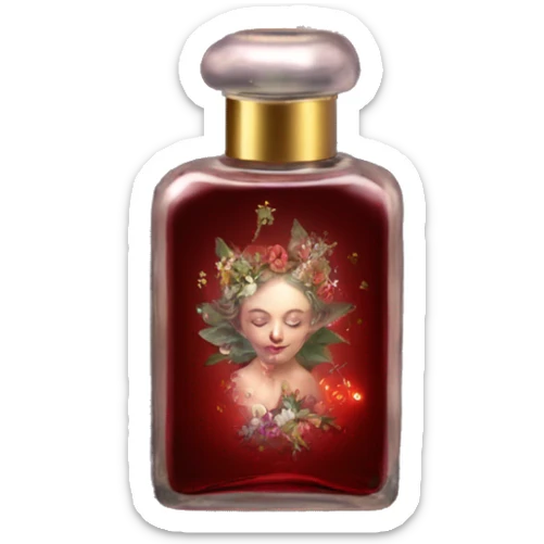 Dark red magic fairy light sparkling old Antique oil perfume bottle with herbal and flowers sticker