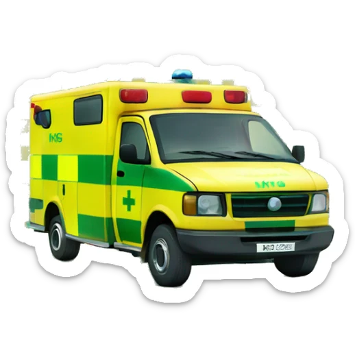 British NHS ambulance, yellow body, with green and yellow checkerboard print along the bottom. NHS logo on the side.  sticker