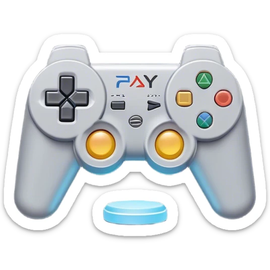 Clash of Clans aesthetic: Cinematic Playful PlayStation 1 Console Portrait Emoji, rendered in a 3D vector-style similar to standard emojis with minimal shading and bold, simplified shapes. A compact, distinct form with signature details, softly glowing with a cutting-edge console technology charm. Simplified yet unmistakably iconic, highly detailed and consistent, glowing with a soft radiance and high shine. Stylized with a touch of technological advancement and a soft glowing outline, capturing the essence of a beloved gaming relic with a friendly, playful manner! sticker