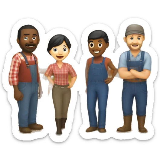 barn with two farmers, one male and one female and some customers of various ethnic backgrounds on a farm with barn in background sticker