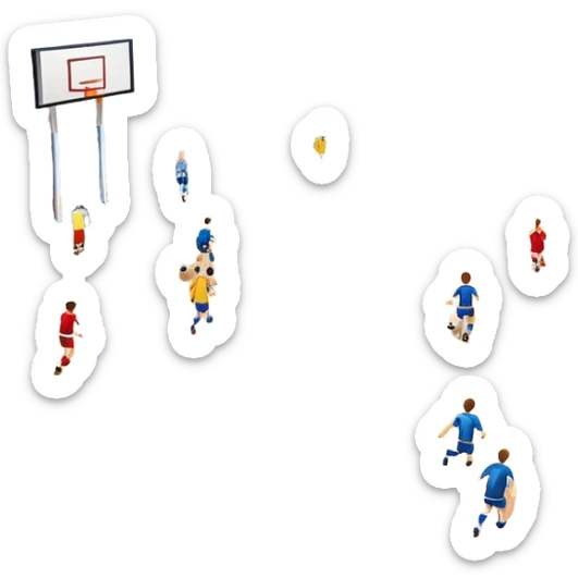 A mini-football match in an indoor sports hall with a wooden floor and clear court markings. The scene captures players in action, with the ball moving towards the goal, and the surrounding bleachers and overhead lights adding to the atmosphere of a competitive game. sticker