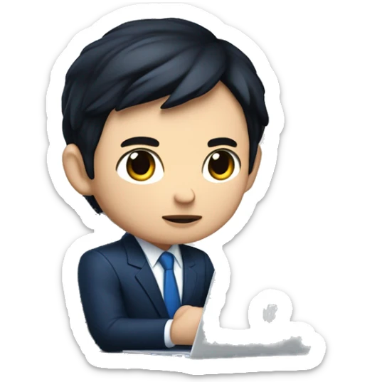 memoji of a young man with a laptop in the left front, apple-style, on the laptop there is a blue sticker with 4 letters: "WYZE". modern, dark hair, dark blue suit, laptop in hand, laptop on the table,  chinese skin, sitting on this desk. sticker