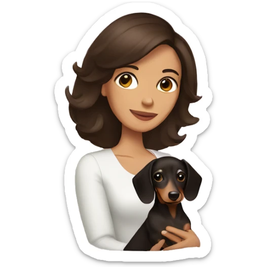 A woman with shoulder length dark brown hair holding a dachshund  sticker