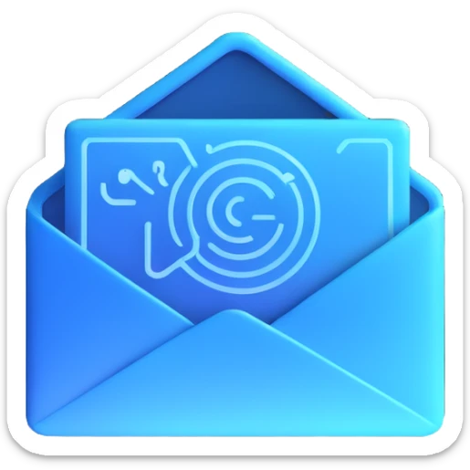 modern futuristic emoji for AI newsletter, holographic mail icon with circuit patterns and subtle blue glow, clean and techy look sticker