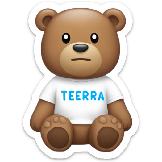 A cute brown bear wearing a white T-shirt with the word 'TIERRA' printed in bold letters, each letter clearly spaced ('T I E R R A'). The T-shirt is white, and the background is light blue. The bear is adorable with soft sticker