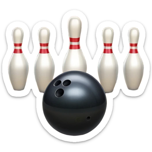 A bowling ball rolling down the lane towards a set of pins, with the pins poised to fall. The scene is set in a bowling alley with bright lights and a polished wooden floor, capturing the excitement and precision of the sport. sticker