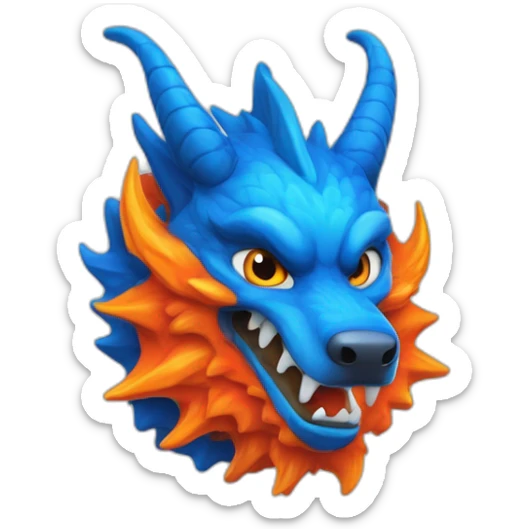 Un dragon mi loup de couleur rouge, bleu, blanc et orange moutardes, avec des corne orange moutard. Il qui crache du feux sticker