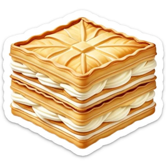 mille-feuille-cinematic-realistic-mille-feuille-dessert-emoji,-depicted-as-a-rectangular delicate-pastry-composed-of-two-crisp-layers-of-puff-pastry-with-a-rich-cream-filling,-rendered-with-intricate-textures-and-elegant,-soft-lighting. Please only show two layers only. sticker