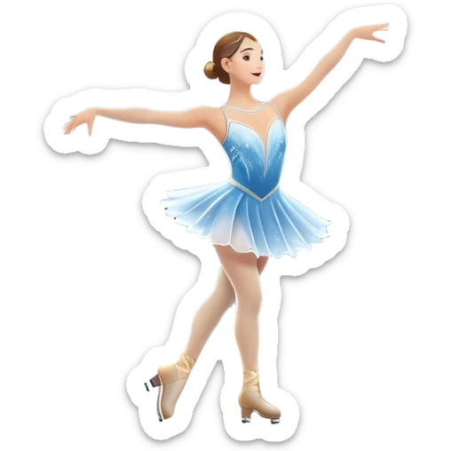 An icon showing a scenic ice rink with figure skater performing elegant moves under soft spotlight beams. Surrounded by audience stands and shimmering ice, the scene reflects harmony, grace, and the magic of figure skating. Transparent background included sticker