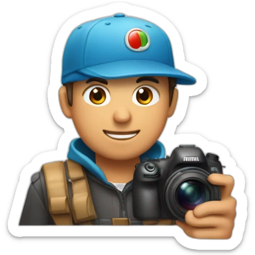 Un chico con una gorra para atras roja con una camara en la mano sticker