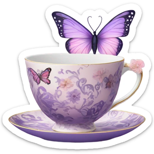 A delicate butterfly with pastel pink wings, resting on the edge of a purple porcelain teacup adorned with intricate violet floral patterns. sticker