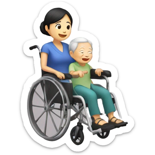 asian girl pushing grandma in wheelchair sticker