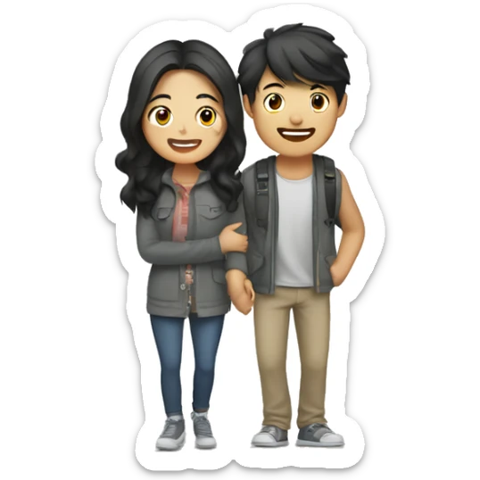 Cute Asian couple (girl with wavy long hair guy with short straight hair) excitedly traveling  sticker