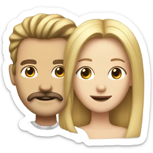 Woman with shoulder length blonde hair and a man with a brown hair and large mustache sticker