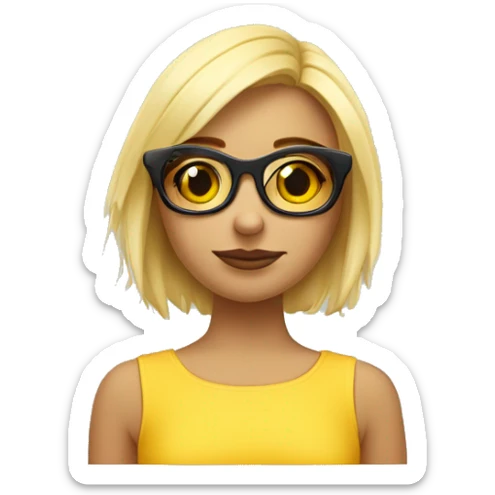 Chica rubia con el pelo corto, morenita de cara, con gafas amarillas finas, delgada y muy ris sticker