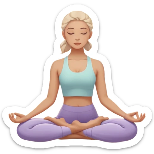 A peaceful person practicing yoga on a calm sea beach at sunrise, in a serene meditative pose. Soft pastel colors surround the scene, with gentle waves in the background and smooth, flowing lines representing balance and tranquility. The atmosphere feels centered and mindful. sticker