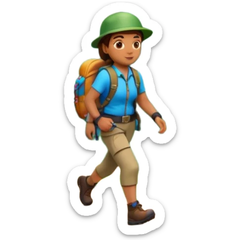 A 3D cartoon hiker walking on a forest trail with flowers and mountains in the distance, bright daylight, Memoji-style. sticker