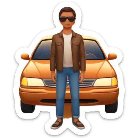 A person stands outside of a parked car on the side of a long, open road. They’re facing forward, gazing at a glowing sunset in the distance. The road stretches far ahead, symbolizing possibilities and new directions.  sticker