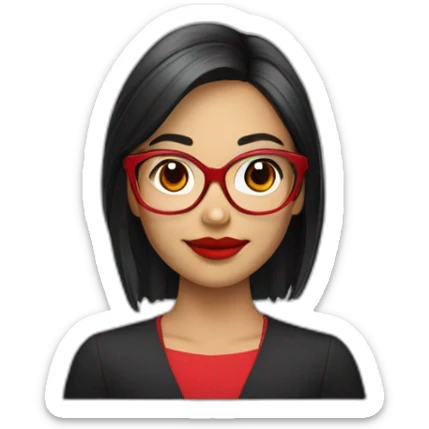 Young woman asiatic teacher, black square hairs, red glasses, red lipstick, red dress, black eyes sticker