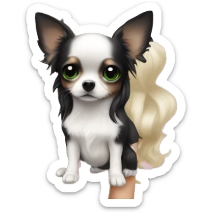 pale blonde girl with long platinum white wavy hair with bright green eyes and wearing a light pink hair bow holding a black and white long haired chihuahua puppy also wearing a hair bow sticker