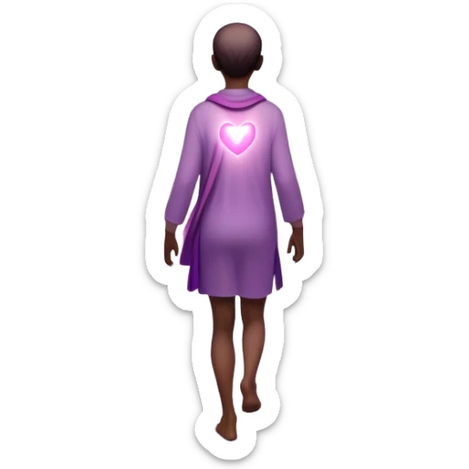 A small figure walks back across a foggy bridge, holding soft pink and purple orbs in each hand—symbolizing compassion and forgiveness. A gentle heart aura trails behind them, showing healing in motion. sticker