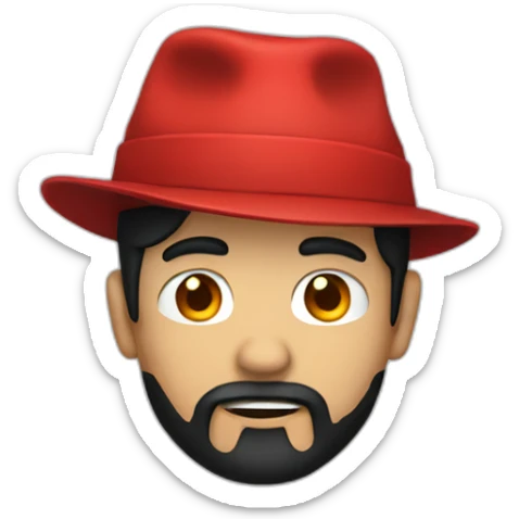 A person with black hair, a red hat, a back shirt, and a skull  sticker