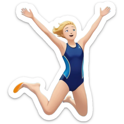 A young, inexperienced person stands at the edge of a pool named “Confidence,” mid-jump, arms open wide. Below, skilled divers are already in motion—but this person dives in with bold energy, unshaken by their lack of experience. The water sparkles,  sticker