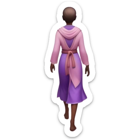 A small figure walks back across a foggy bridge, holding soft pink and purple orbs in each hand—symbolizing compassion and forgiveness. A gentle heart aura trails behind them, showing healing in motion. sticker