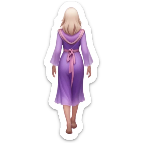 A small figure walks back across a foggy bridge, holding soft pink and purple orbs in each hand—symbolizing compassion and forgiveness. A gentle heart aura trails behind them, showing healing in motion. sticker