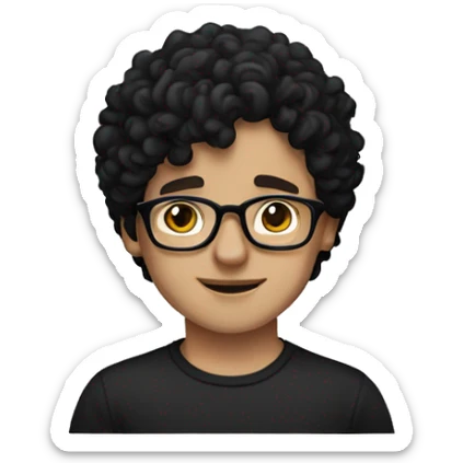 white boy with curly black hair and frameless glasses and black t shirt sticker