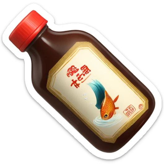 a bottle of fish sauce with a fish swimming on the tag, fish sauce is pouring out of the bottole sticker