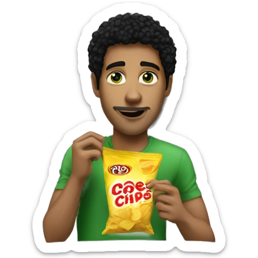 My hot man with black hair and green eyes eating chips on the coach sticker