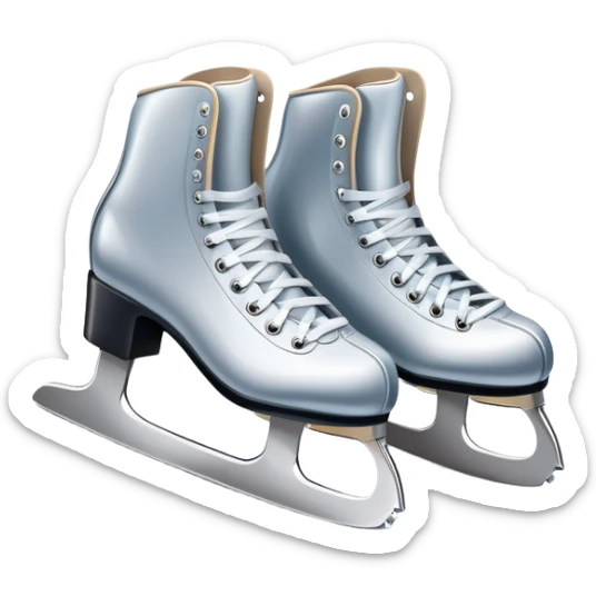 An icon featuring a pair of elegant figure skates resting on scratched ice in the center of an ice stage. The background shows distant spectator stands, with soft spotlights highlighting the skates. Transparent background emphasizes the quiet beauty of the scene. sticker