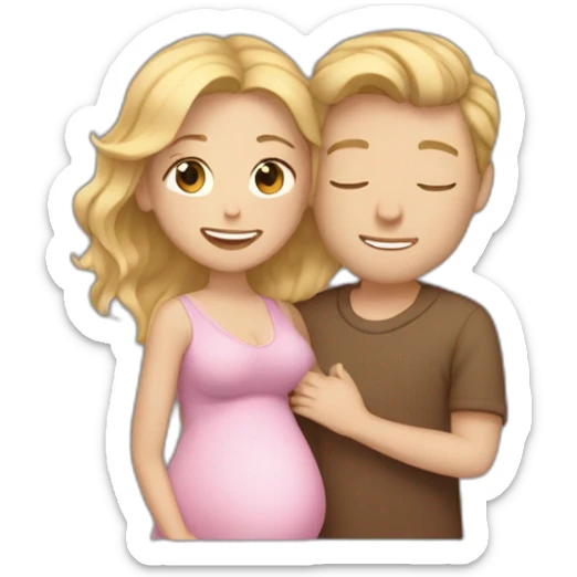 Small pregnant woman with wavy brown-blond gradient hair and a tall man with blond hair cuddling eachother sticker