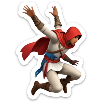 An icon featuring a hero performing a leap of faith from a tower in Florence, inspired by adventure games like Assassin's Creed. The design captures the dramatic moment mid-air, with detailed architecture and a bustling city below. Transparent background sticker