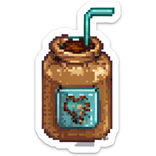 8-bit pixel art emoji, IV bag filled with brown coffee connected to arm, medical parody, on-call humor sticker