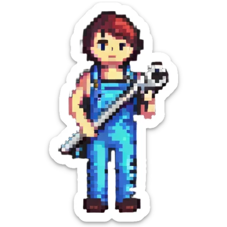 Simple pixel art IT badge with colorful person holding a car wrench key sticker