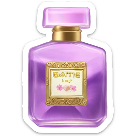 composition of aesthetically pleasing purple pansies, pastel pink daisies and a rosy vintage-style perfume bottle sticker