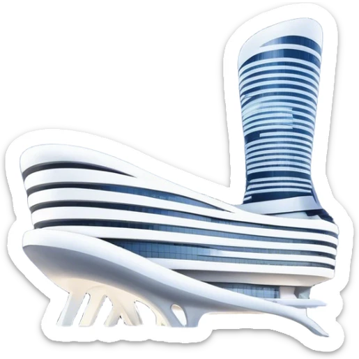 Realistic Dongdaemun Design Plaza (DDP) Landmark Emoji, featuring the iconic curving silver structure with futuristic architecture, illuminated pathways, and a sleek modern design set against the Seoul cityscape. sticker