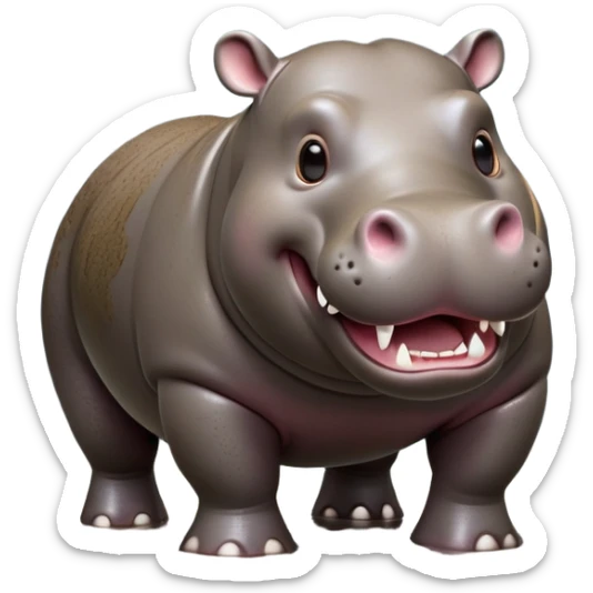 cinematic-hippo-realistic-full-body side view-standing on all fours-emoji,-massive-round-frame-partially-submerged-in-muddy-water,-wide-mouthed-grin-exposing-huge-teeth,-head-tilted-dramatically,-thick-greyish-brown-hide-glossy-from-water,-simplified-yet-realistic-focused-features,-highly-detailed,-glowing-with-an-almost-sarcastic-glow sticker