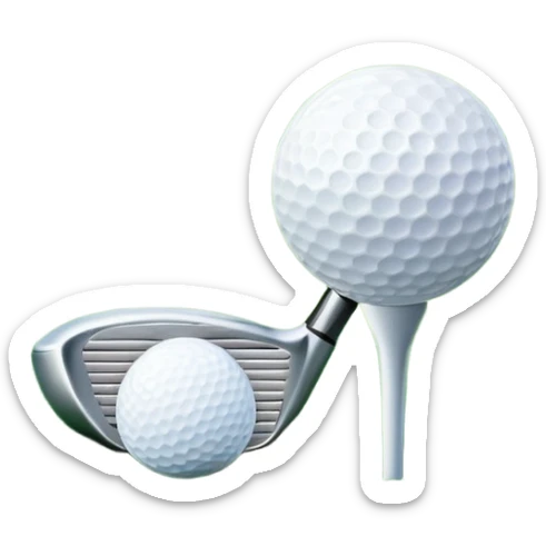 A golf ball on a tee, with a golf club placed beside it on the lush green fairway. The background shows a serene golf course with neatly trimmed grass and a clear blue sky, emphasizing the elegance and precision of the game. sticker