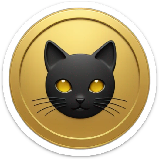A round gold coin with a matte black color on the sides, and a cat's head in the center of this coin sticker