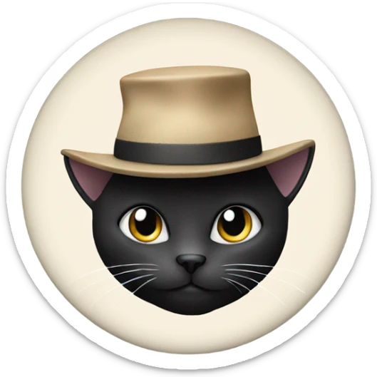 Black cat with a little white fur on the chin, chest, and paws wearing a hat sticker