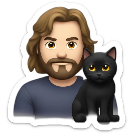 Man with long hair and black beard, Caucasian, looks like Jack Black, with a black cat in his arms sticker