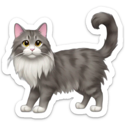 grey norweigian forest cat walking profile furry bushy tail long whiskers furry and fluffy white front and back paws eyes a pink dark brown edged nose small triangular ears sticker