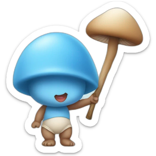  Cute Blue baby NO ears wearing a mushroom cap carrying a stick in one arm standing on two legs sticker