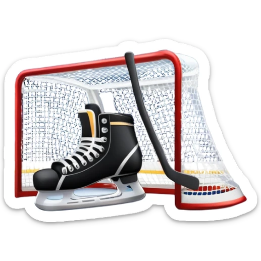 An icon showing a close-up of a hockey stick, puck, skates, and hockey net placed on the ice. The background features a packed stadium with bright lights, cheering fans, and snowy scenery outside. Transparent background highlights the key elements of the game. sticker
