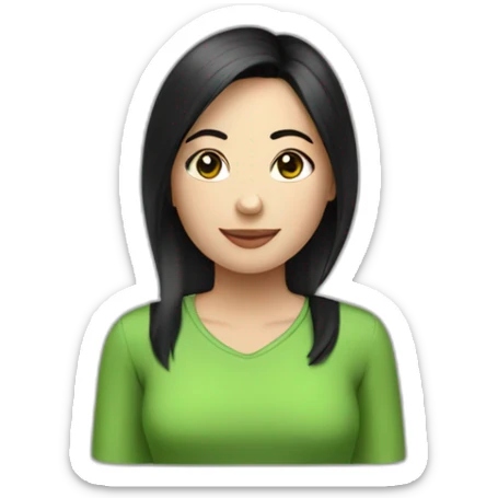 Fair skinned pretty woman with straight black hair, wearing a green top sticker