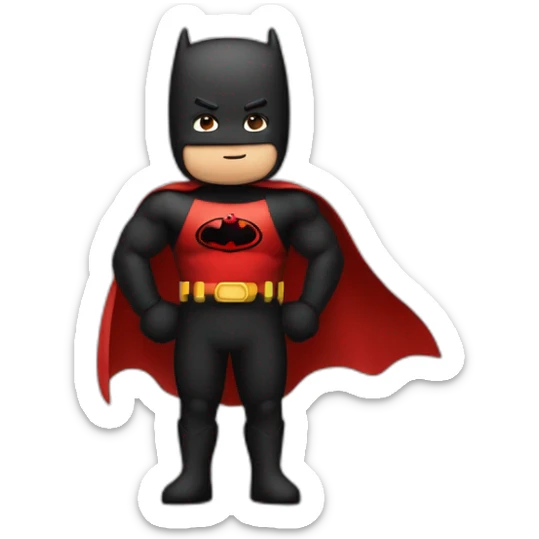 superheroe con antifaz calvo y un poco gordito con colores rojo y negro saludando con la mano e indicando un ok sticker